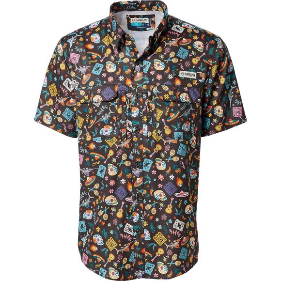 NEW Magellan Outdoors Men's Dia De Los Muertos Print Short Sleeve Fishing Shirt - Picture 1 of 8
